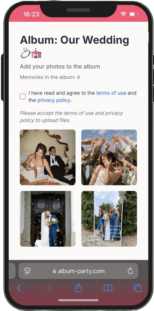 Smartphone showing easy wedding photo upload without an app